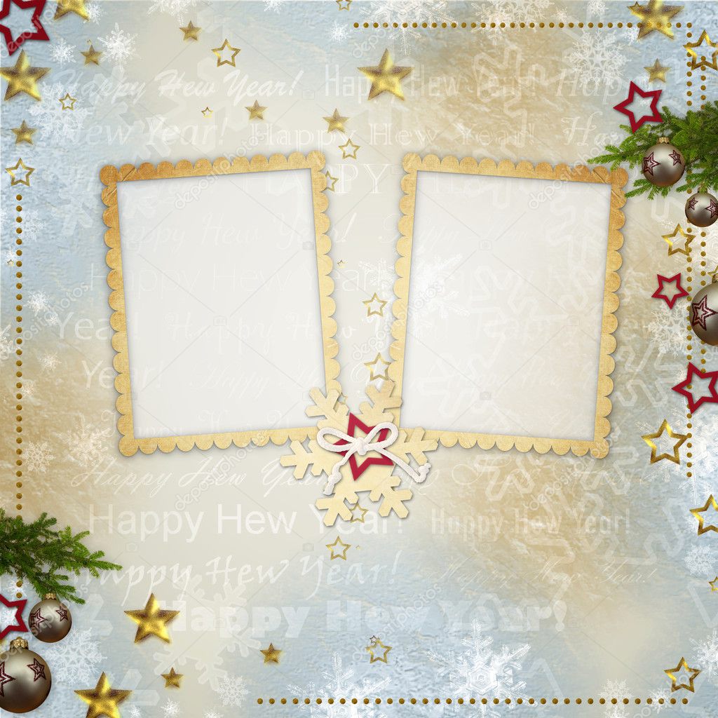 Old Christmas greeting card with frames, snowflakes, stars