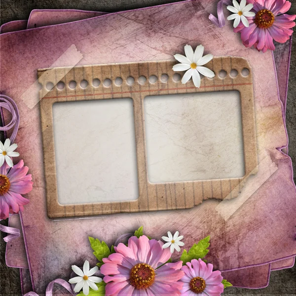 Vintage background with three retro blank photos and flowers — Stock Photo, Image