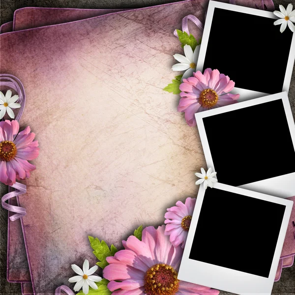 Vintage background with three retro blank photos and flowers — Stock Photo, Image