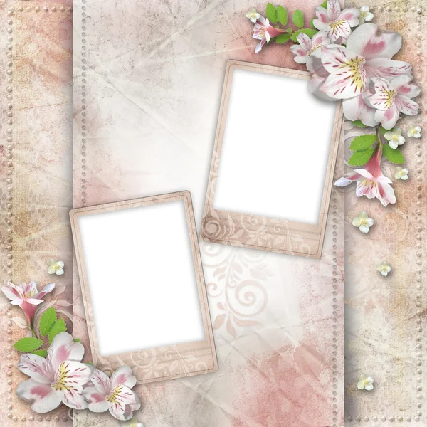 Vintage background with frame and flowers for congratulations an — Stock Photo, Image
