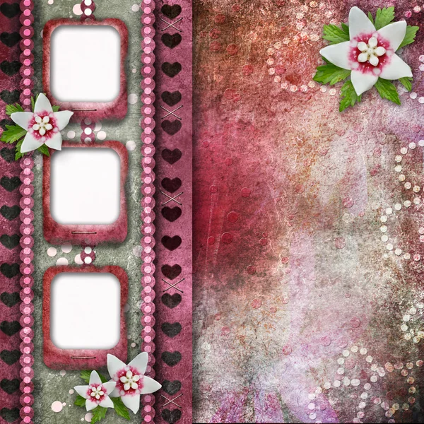 Vintage pink photo frames with flowers — Stock Photo, Image