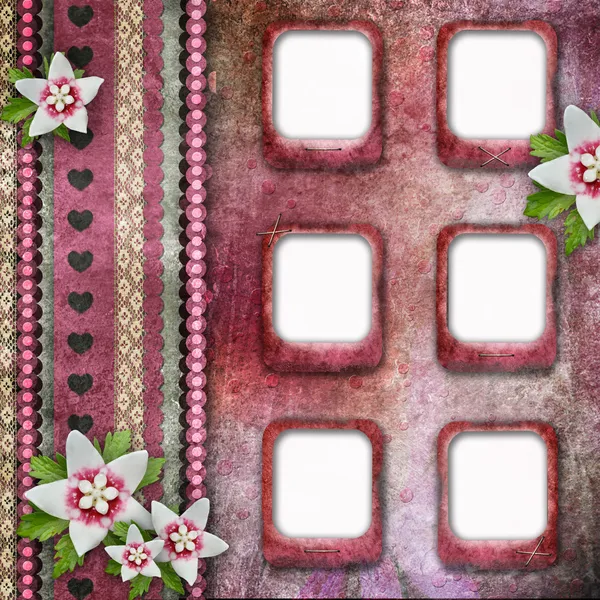 Vintage pink photo frames with flowers — Stock Photo, Image