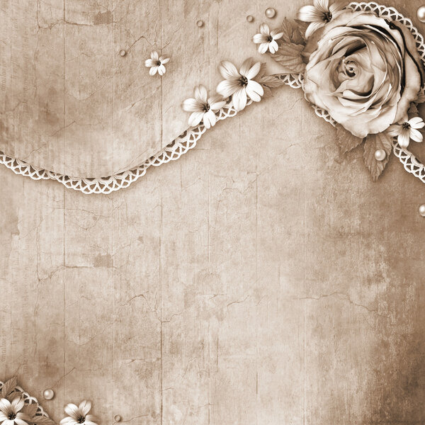 vintage textured background with a bouquet of flowers, lace and