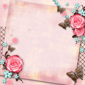 Greeting card with flowers, butterfly on pink paper vintage back