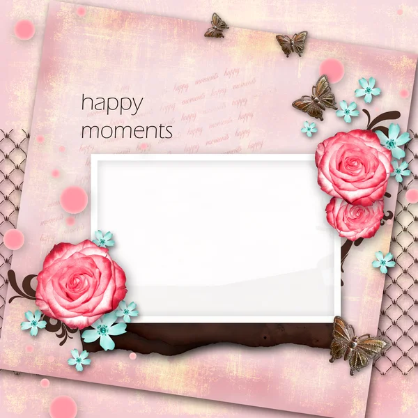 Tarjeta de felicitación con flores, mariposa sobre papel rosa espalda vintage —  Fotos de Stock