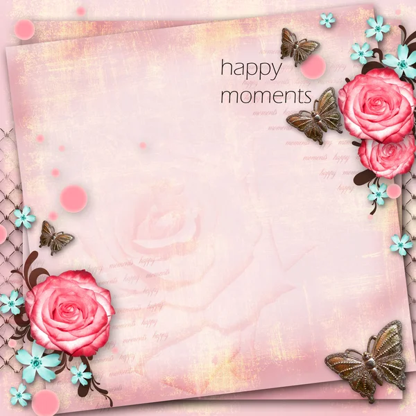 Gratulationskort med blommor, fjäril rosa papper vintage tillbaka — Stockfoto