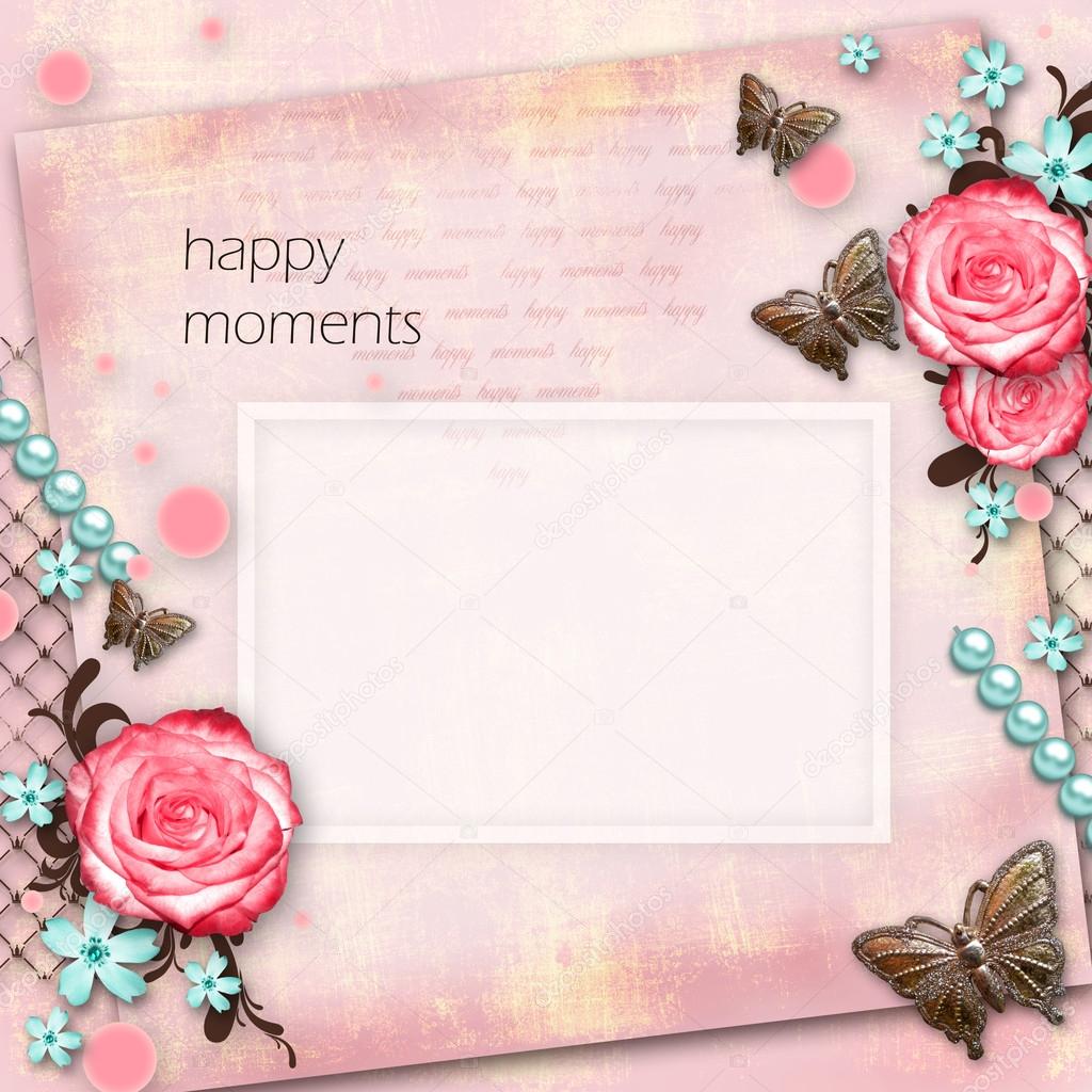 greeting card with flowers, butterfly on pink paper vintage back