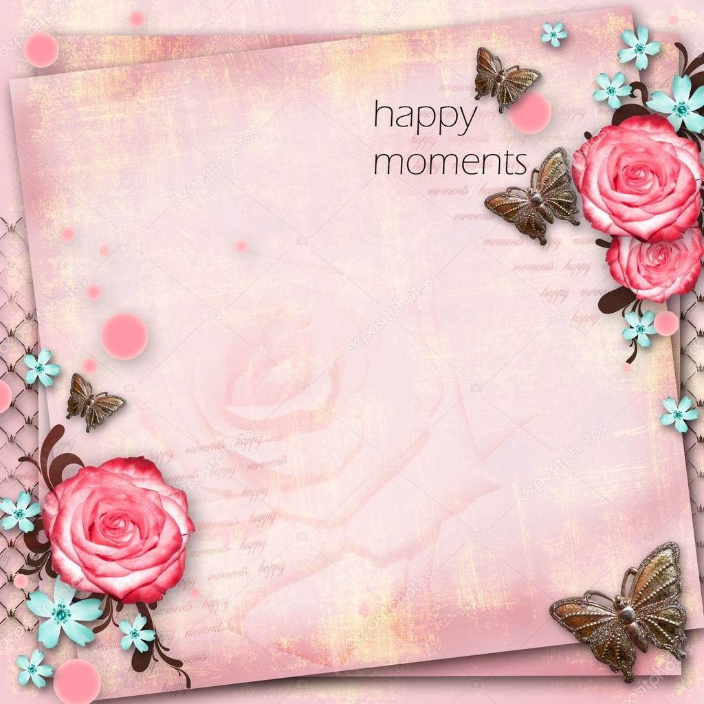greeting card with flowers, butterfly on pink paper vintage back