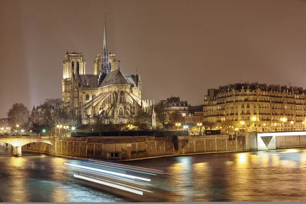 Panorama noturno da ilha de Cite com catedral Notre Dame de Paris — Fotografia de Stock
