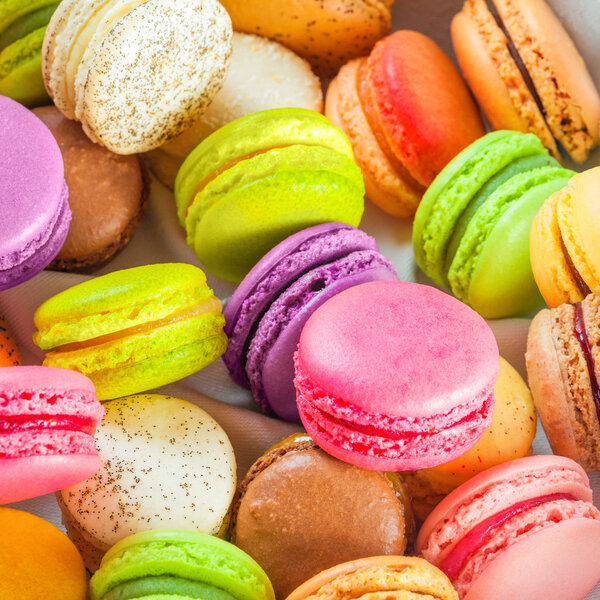 Traditional french colorful macarons in a box