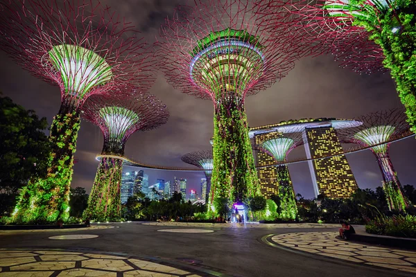 Vista noturna de Jardins perto da Baía, Singapura — Fotografia de Stock