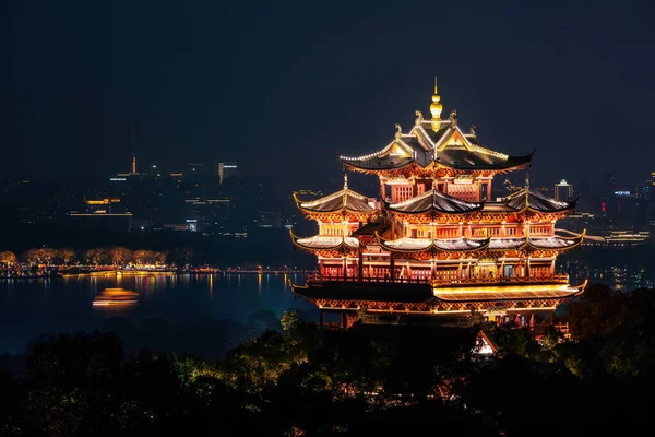 Night View Illuminated Cheng Huang City God Pavillion West Lake — Stock Photo, Image