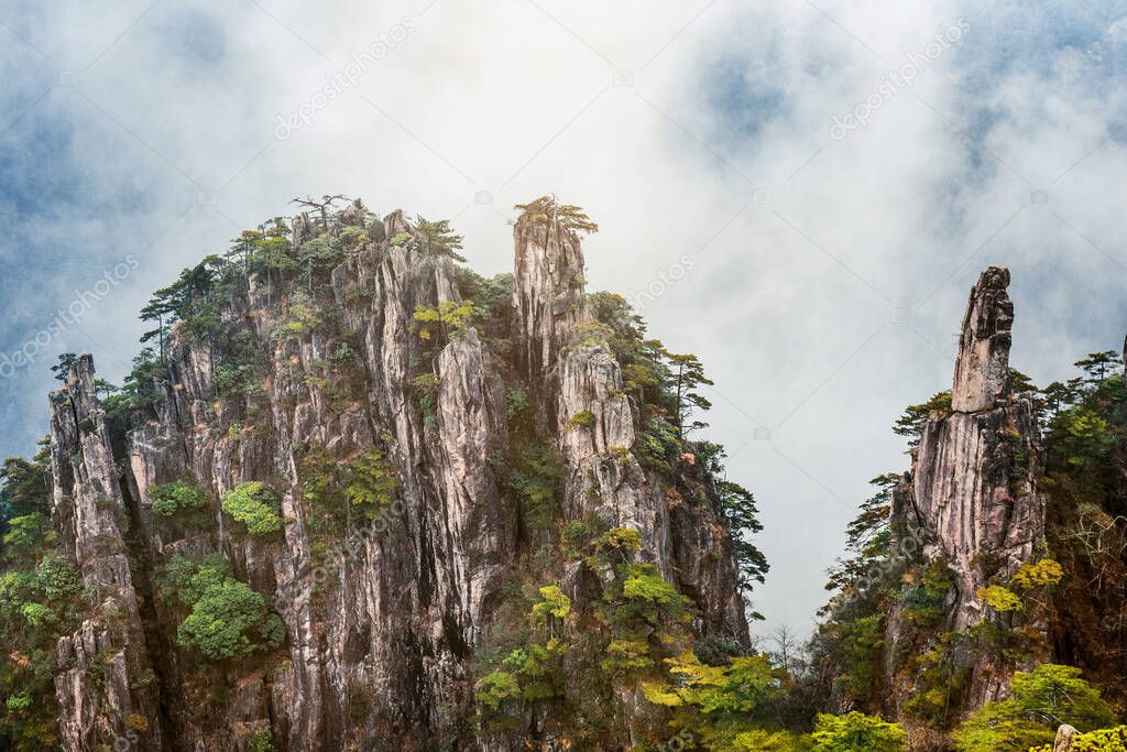 view from Refreshing terrace in Huangshan mountain Yellow mountain, known as the loveliest mountain of China, World Natural and Cultural Heritage site by UNESCO, Anhui, China.