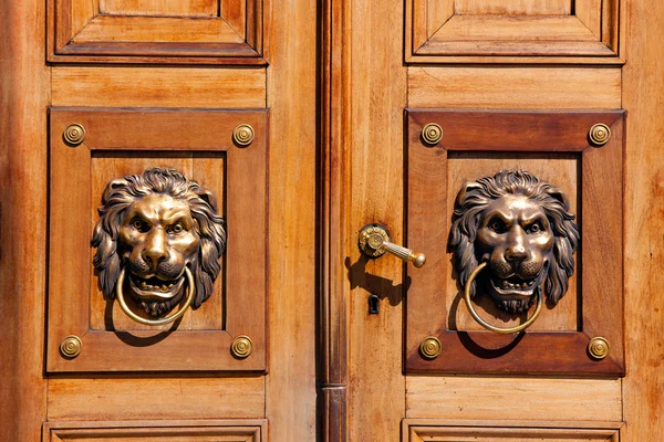 Львиная голова, медные дверные стукачи — стоковое фото
