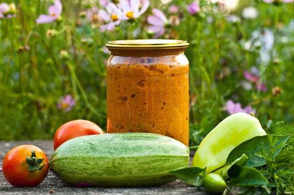 Caviar homemade zucchini in a glass jar — Stock Photo, Image