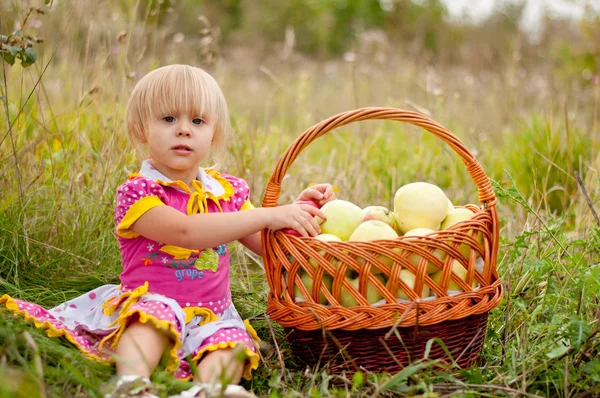 Little girl with a basket of fresh apples — Stock Photo, Image