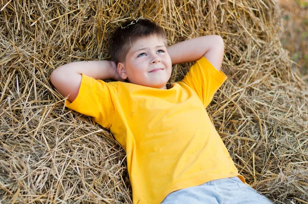 躺在稻草上的那个男孩 — 图库照片