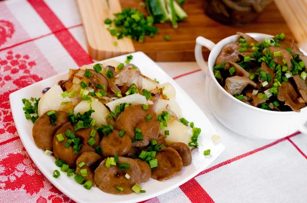 Marinated mushrooms and boiled potatoes — Stock Photo, Image