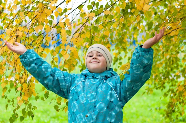 Sonbaharda bir huş ağacı orman içinde bir oğlan — Stok fotoğraf