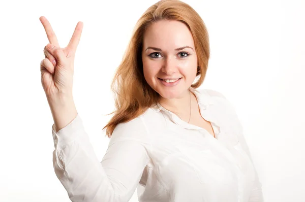 Woman showing a sign on the fingers — Stock Photo, Image