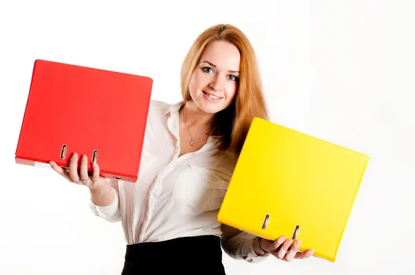Business woman with folders on a light background — Stock Photo, Image