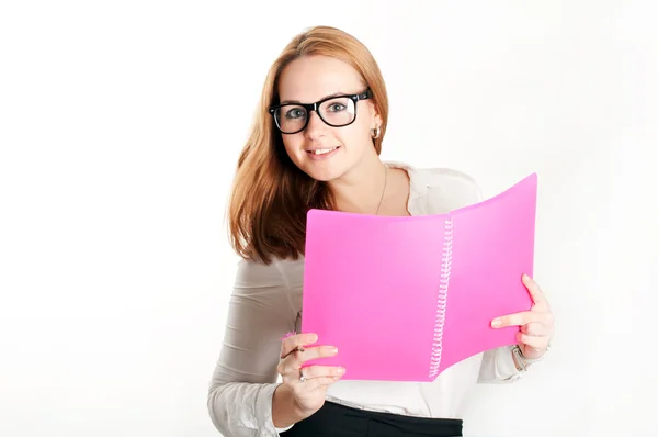 Dívka s růžovým složky na světlém pozadí — Stock fotografie