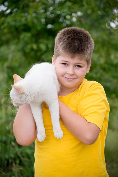 Boy with a white cat — Stock Photo, Image