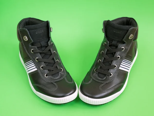 Laarzen door "ecco" uit Denemarken, op een groene achtergrond — Stockfoto