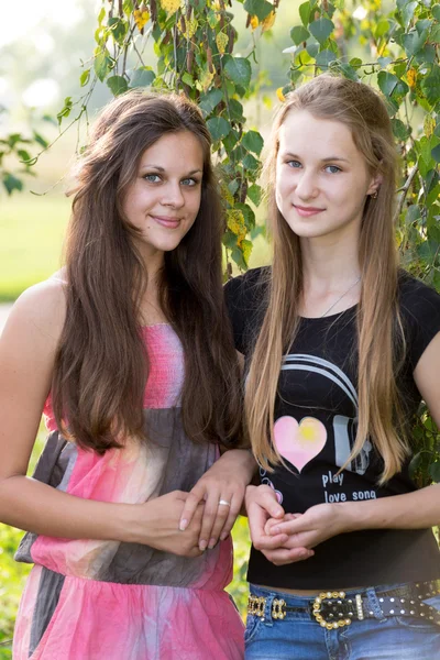 Two teenage girls near birch — Stock Photo, Image