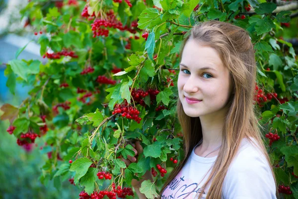Adolescente chica cerca de la rojo viburnum — Foto de Stock
