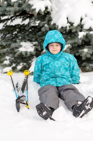 雪に覆われたトウヒの周りのスキーを持つ少年 — ストック写真