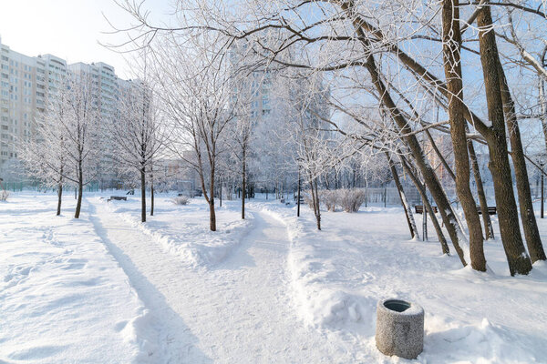 Snow-covered boulevard in a microdistrict 20 Zelenograd in Moscow, Russia
