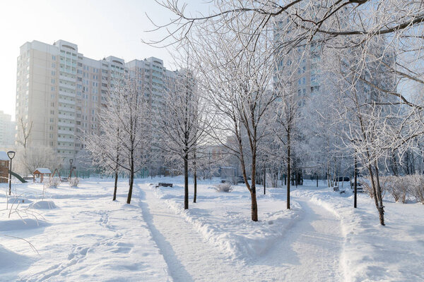 Snow-covered boulevard in a microdistrict 20 Zelenograd in Moscow, Russia