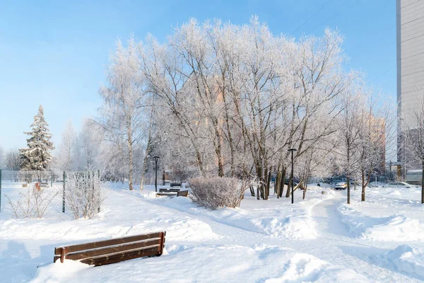 Moscow Russia Dec 2021 Snow Covered Boulevard Microdistrict Zelenograd — стоковое фото