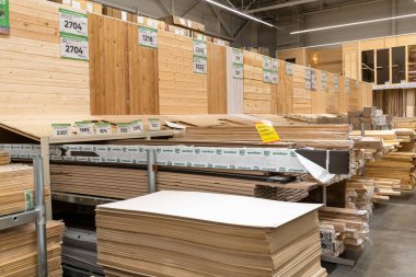 Moscow, Russia -18 Dec. 2021. The Boards and other lumber in the Leroy Merlin store