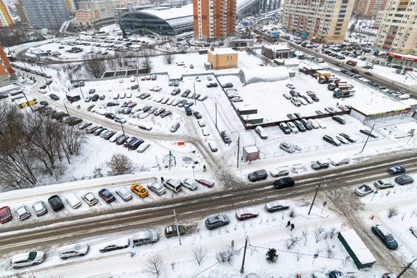 Krasnogorsk Rússia Dezembro 2021 Vista Superior Inverno Estrada Parque Estacionamento Fotografia De Stock