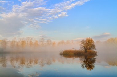 sonbahar manzarası ve sisli göl 