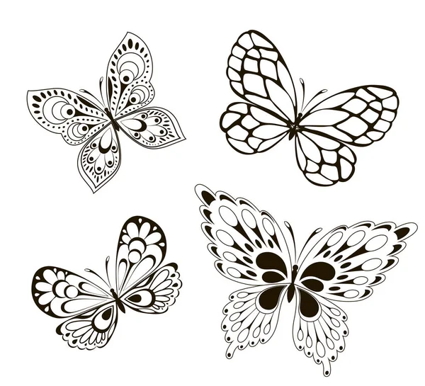 Fondo Vectorial Con Conjunto Imágenes Mariposas Blanco Negro Forma Tatuaje — Archivo Imágenes Vectoriales