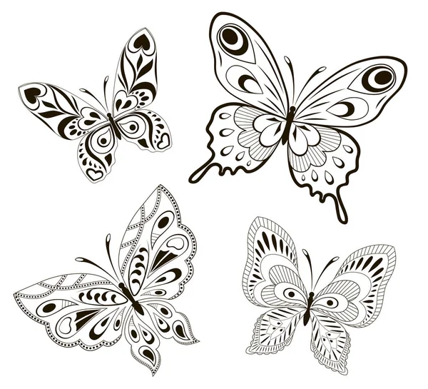 Fondo Vectorial Con Conjunto Imágenes Mariposas Blanco Negro Forma Tatuaje — Vector de stock