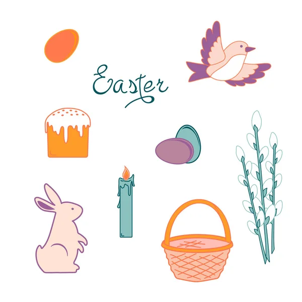 Composición Vectorial Pascua Con Imagen Huevos Pájaros Cestas Liebre Pastel — Archivo Imágenes Vectoriales