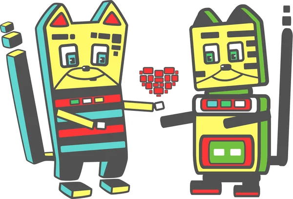 Dos lindos robots de gatos enamorados — Vector de stock