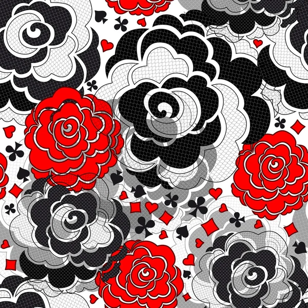 Fond sans couture composé de roses en dentelle noire et de costumes de cartes — Image vectorielle