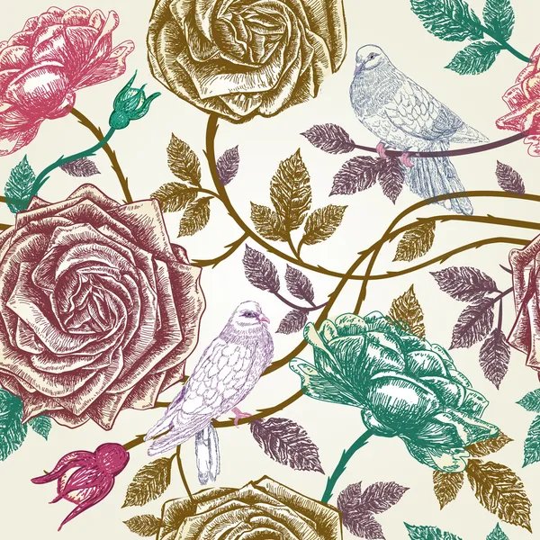 Rosas multicolor vintage patrón sin costuras con aves. Vector — Vector de stock