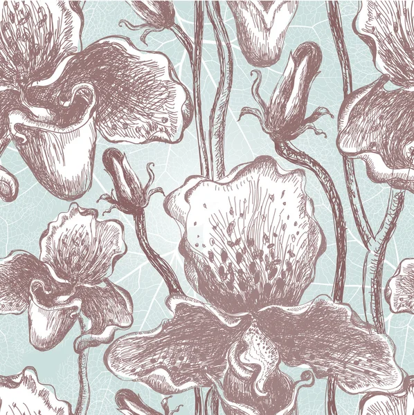 Modèle sans couture vintage avec orchidée, vecteur — Image vectorielle