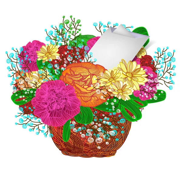 Bouquet of bright flowers in basket isolated. EPS 10 — Stock Vector