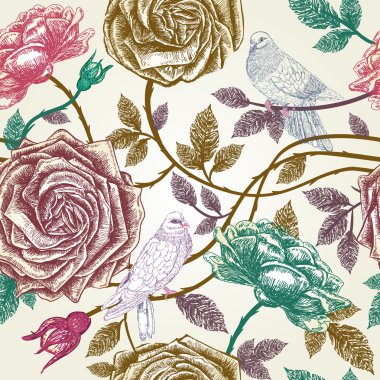 Vintage roses seamless pattern with birds. clipart