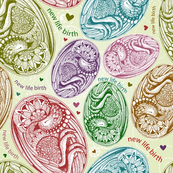 Seamless Easter Egg pattern with chicken embryo. — Stock Vector