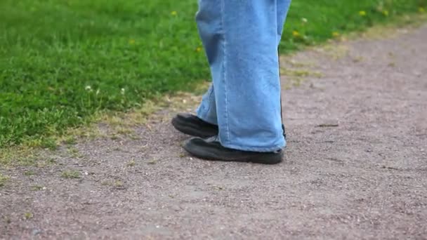 The legs of an old man go barefoot in the grass — Stock Video