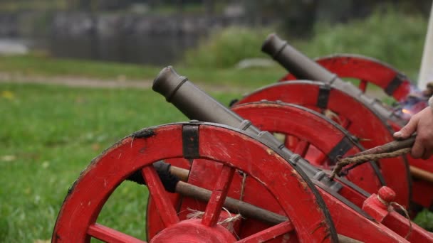 Fusillade de canons russes XVII siècle. Reconstruction de la forteresse de Korela (Fin : KXokisalmen linna, Swd : Kexholms slott), Priozersk, Russie — Video