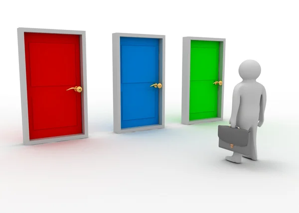 3d man and different doors Stock Photo